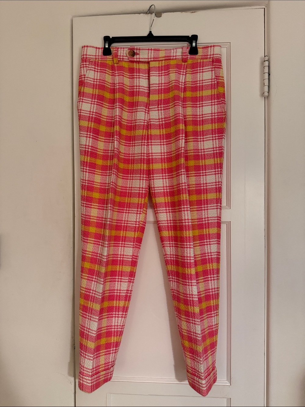 Men's Plaid Dress Pants in Pink, Yellow & White